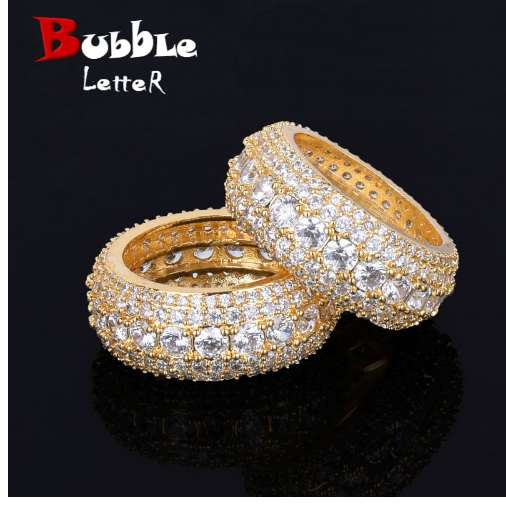 

5 Row CZ Men's Ring 18 K Copper Charm Gold Silver Color Cubic Zircon Iced RING Fashion Hip Hop Jewelry, Golden;silver