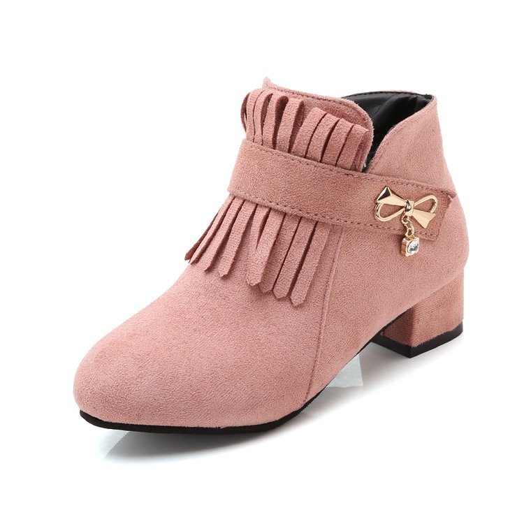 

Kids Girls Butterfly-knot Tassel Short Boots Small High-heeled Medium Big Children's Princess Rhinestone Pointed Toe Suede Shoes, Black