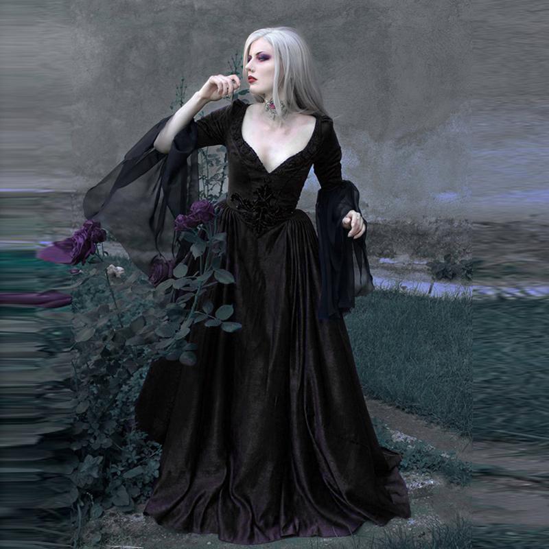 Black Gothic Dress Women Retro Patchwork Sexy Lace Medieval Dress Halloween Costumes For Women Deep V-Neck Renaissance