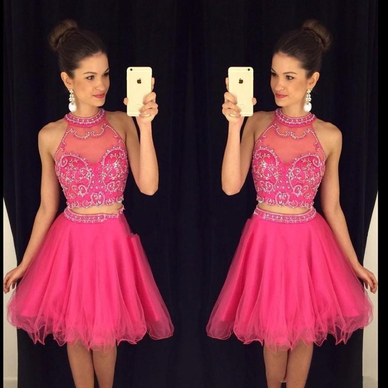 

New Sexy Two Pieces Homecoming Cocktail Dresses High Neck Beaded Short Prom Dresses Cheap Summer Backless Graduation Dresses 138, Silver