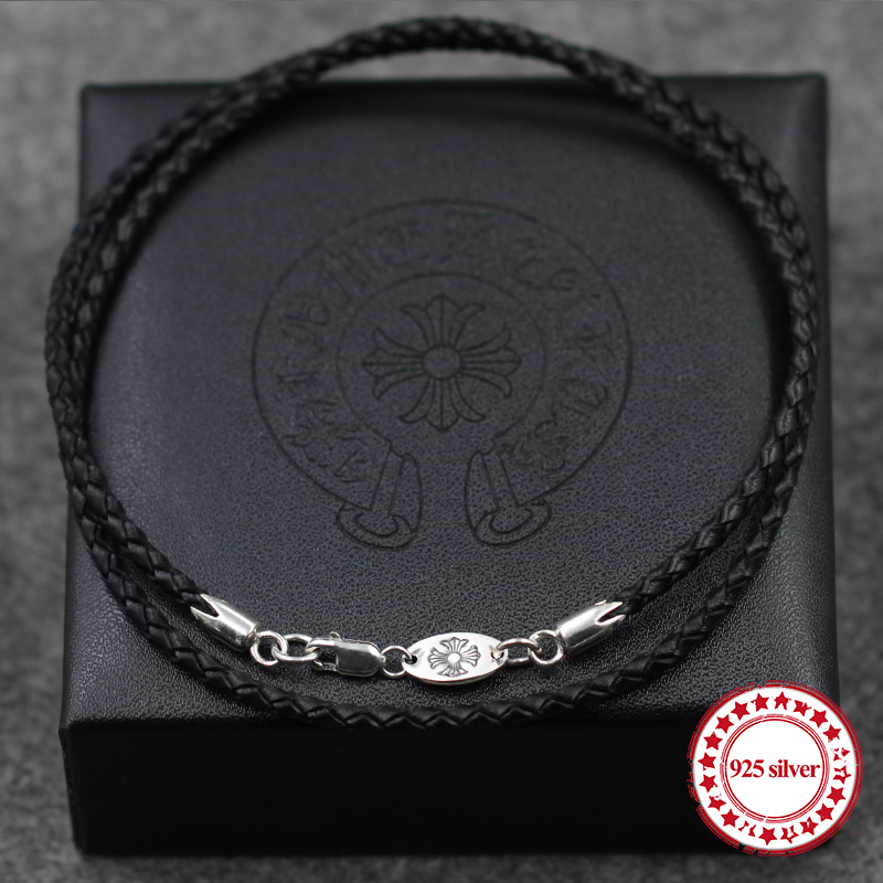 

925 sterling silver leather rope chain personality retro fashion classic hip hop punk style cross-shaped gift to send lover, Black