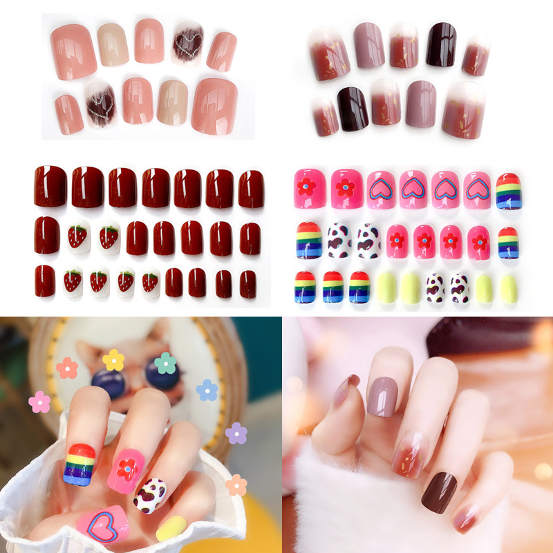 

24pcs/set Gentle Cute Summer Nail Art Fake Nails Double-sided sticker Lasting Acrylic Finger Tip Decorated UV Gel Accessories, 04