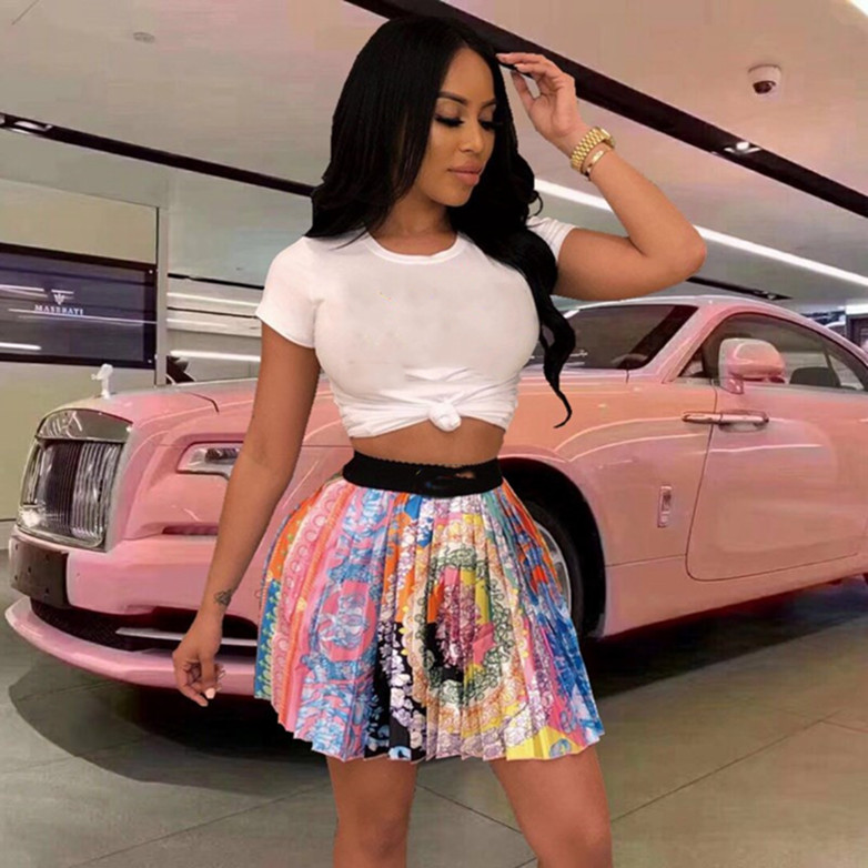 

Womens two piece dress T-shirt + pleated dress miniskirt t shirt + mini skirts suit fashion summer women clothes klw3509, White