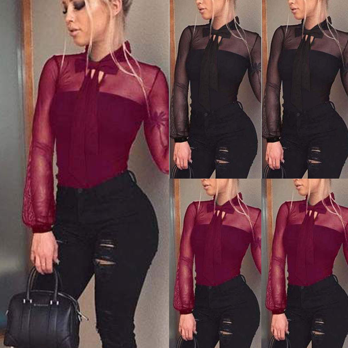 New Summer Bodysuit Women Sexy Bow Black Mock Neck Patchwork Long Sleeve Back Ladies Lace Mesh Bodysuit Transparent Tops-image-483318408