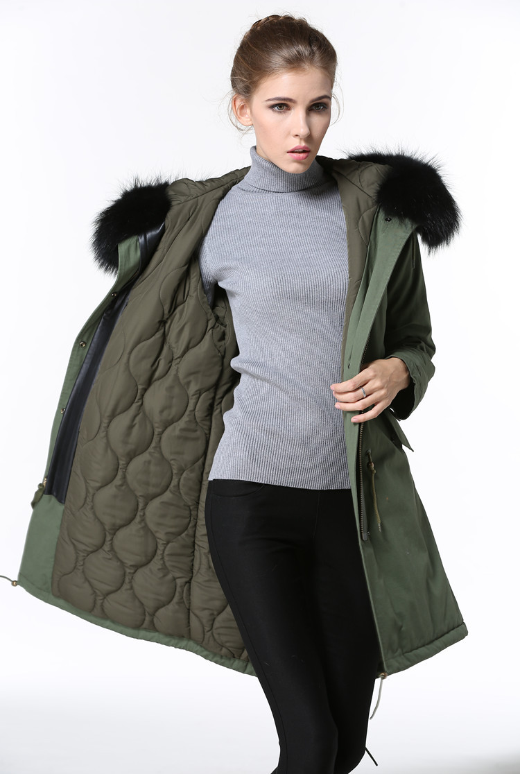 

4 colours black raccoon fur trim Meifeng women snow jacket with ykk zipper army green down fill lining army green long parkas
