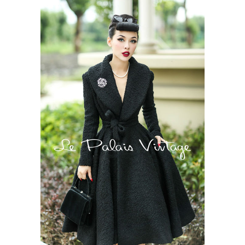 

Le Palais Vintage elegant retro 100% wool Lapel waist skirt type woolen coat, Black