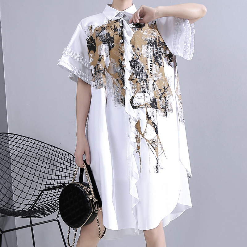 

WOMENGAGA 2020 Sumemr New Dress Casual Loose Single Breasted Lace Short Patchwork A-line Large Size Korean Print Ruffles A257, White