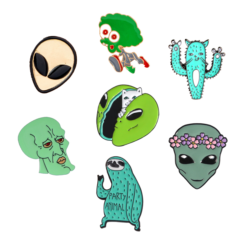 

Cartoon Alien enamel pins Funny Cat octopus sloth cactus badge brooch Wreath women alien Lapel pins jewelry gift Coat bag pin, Gray