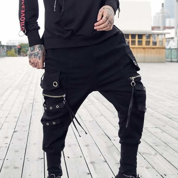

Januarysnow Zipper Pocket Ribbon Pants Black Gothic Harem Joggers Harem Trousers men hiphop pants