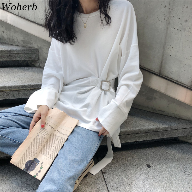 

Woherb Harajuku T Shirt Women Split Side Belt Patch Spring Summer Long Sleeve Casual Loose Tshirt Korean Ulzzang Ladies Tops, Blue