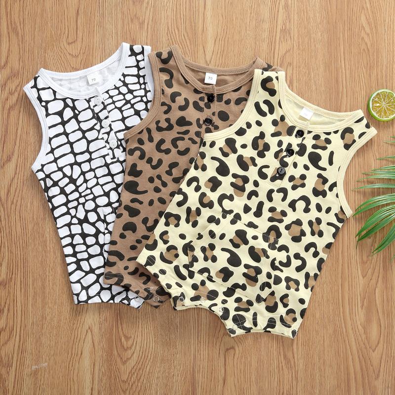 

0-12M Newborn Toddler Baby Girls Boys Rompers Leopard Print Sleeveless Pocket Jumpsuits Outfits, White