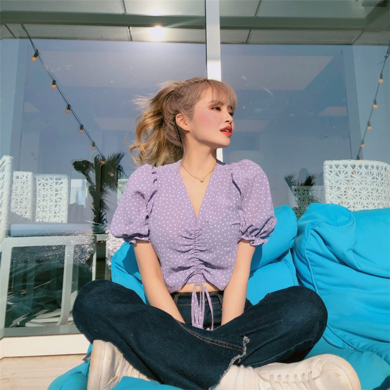 

2020 Korean V Neck Pullover Drawstring Design Short Blouse Women Puff Short Sleeve Dot Print Blusas Summer Holiday Shirt Ins, Lavender
