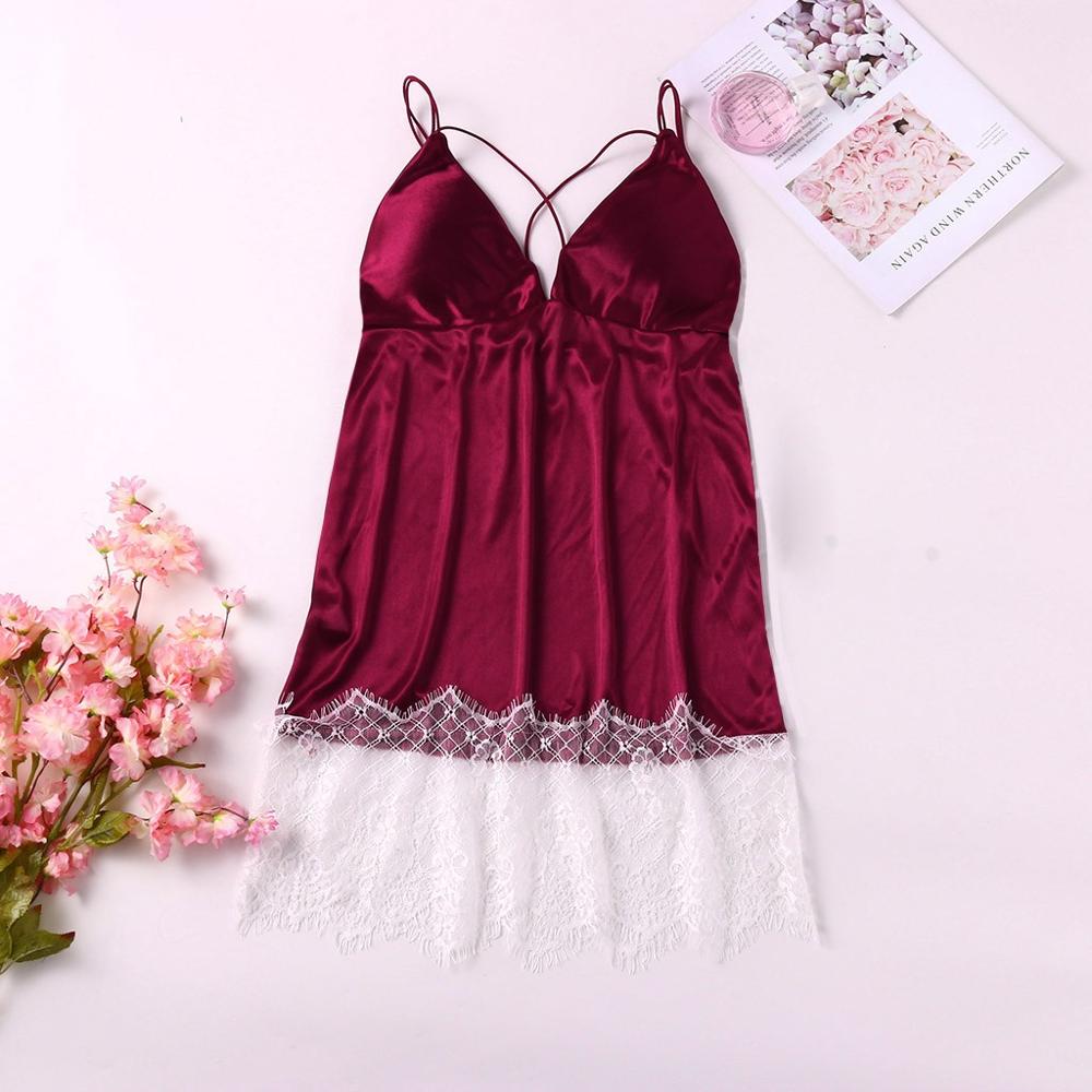 

Sexy Plus Size Womens Nightgown Lingerie Patchwork Sleepwear Lace Satin Nighty Nightwear Nuisette Femme De Nuit Koszula Nocna, Black