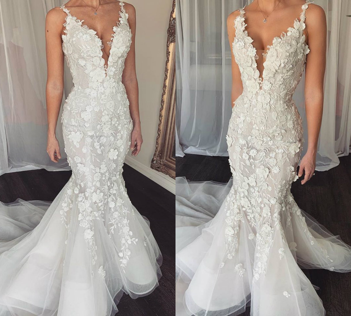 

2019 Lace Mermaid Wedding Dresses V Neck Lace 3D Floral Appliqued Sweep Train Country Wedding Dress Bridal Gowns Custom Robe De Mariée, Ivory