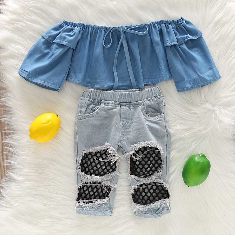 

0-5 Baby Girls Clothes Sets 2020 Summer Fashion Tops and Ripped Denim Pants Girl Kids Clothes 2Pcs Children Clothing Suit, Ah499 blue