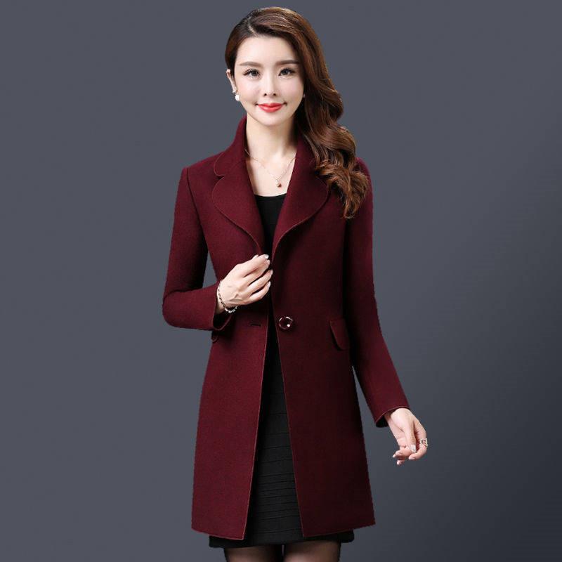 

Plus Size 5XL 2019 New Autumn Winter Women Elegant Slim Cashmere Wool Blend Coat Middle Age Female Woolen Jacket Outerwear R278, Burgundy