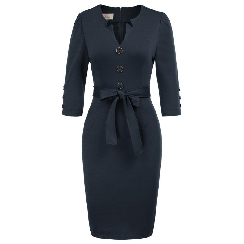

5 Colors Celebrity Women 3/4 Sleeve Buttons Decorated Bodycon Pencil Dress, Glaucous