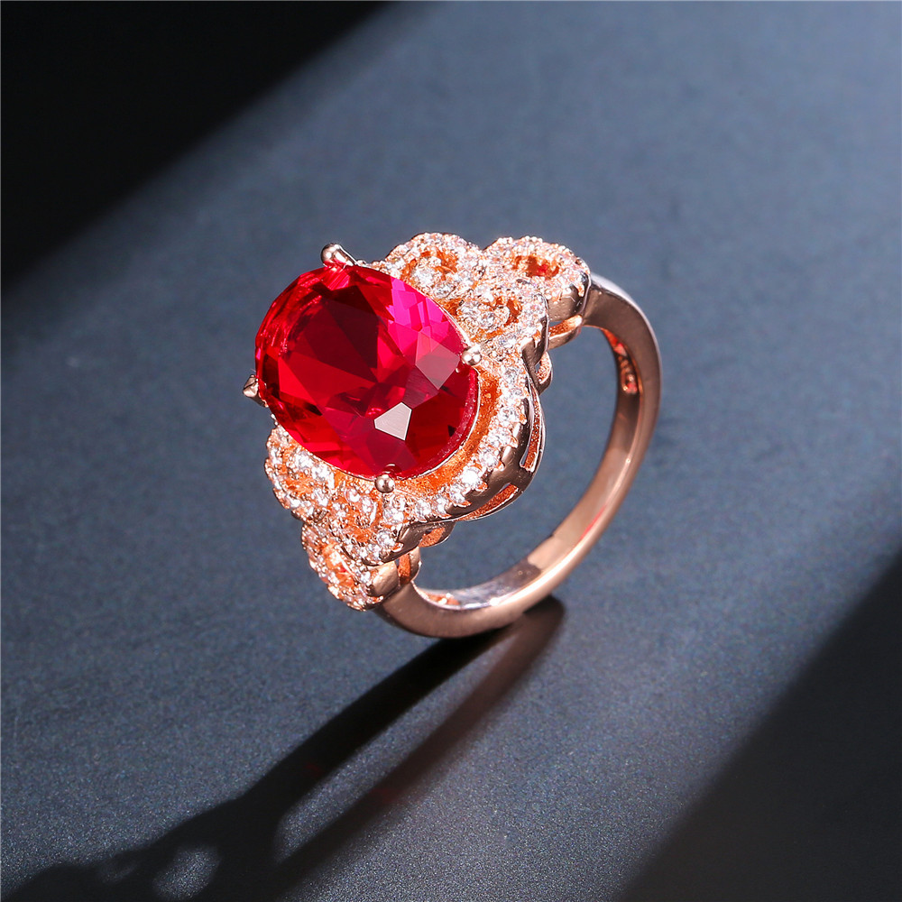 

European Fashion Rose Gold Color Big Stone Ring for Women Luxury Red Zircon Crystal Engagement Wedding Ring Jewelry bijoux femme
