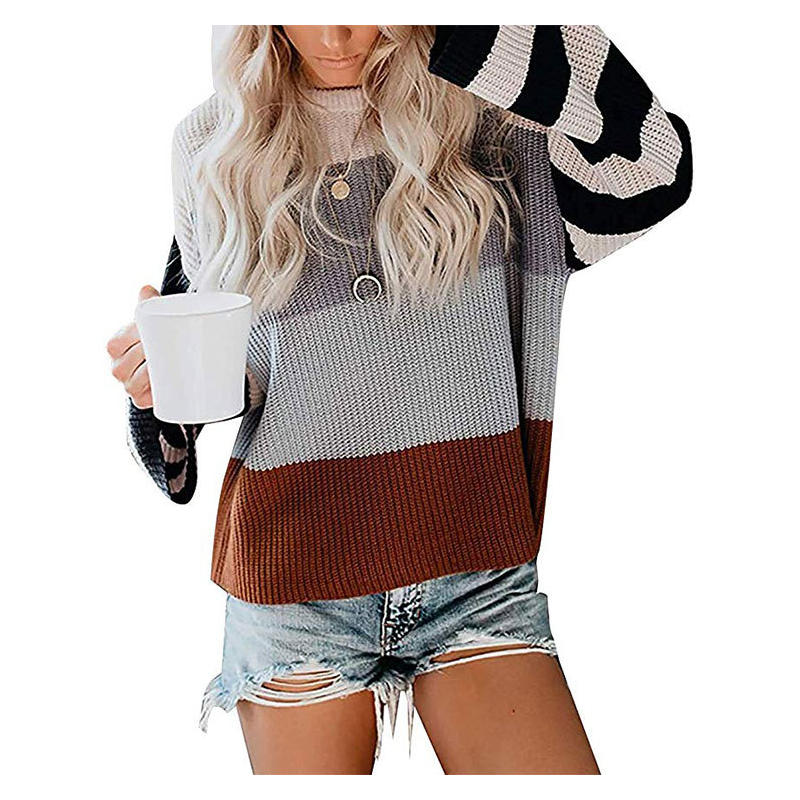 

Womens Autumn Winter Pullover Sweater Color Stripe Stitching Loose Sweater Tops, Pink