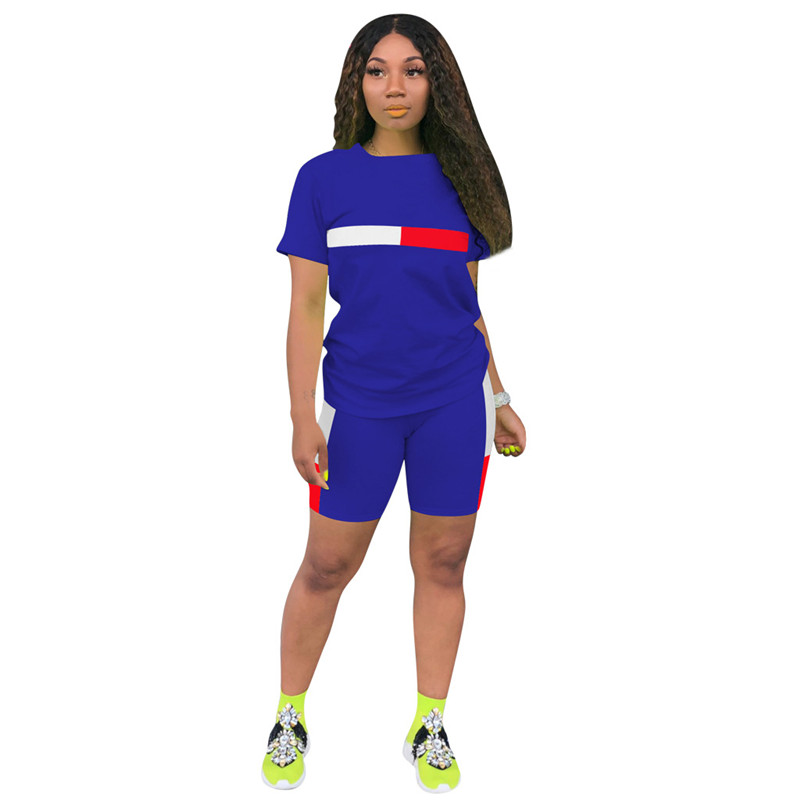 

Spring and summer Europe and the United States women' solid color patchwork sports casual pants set of two, Blue