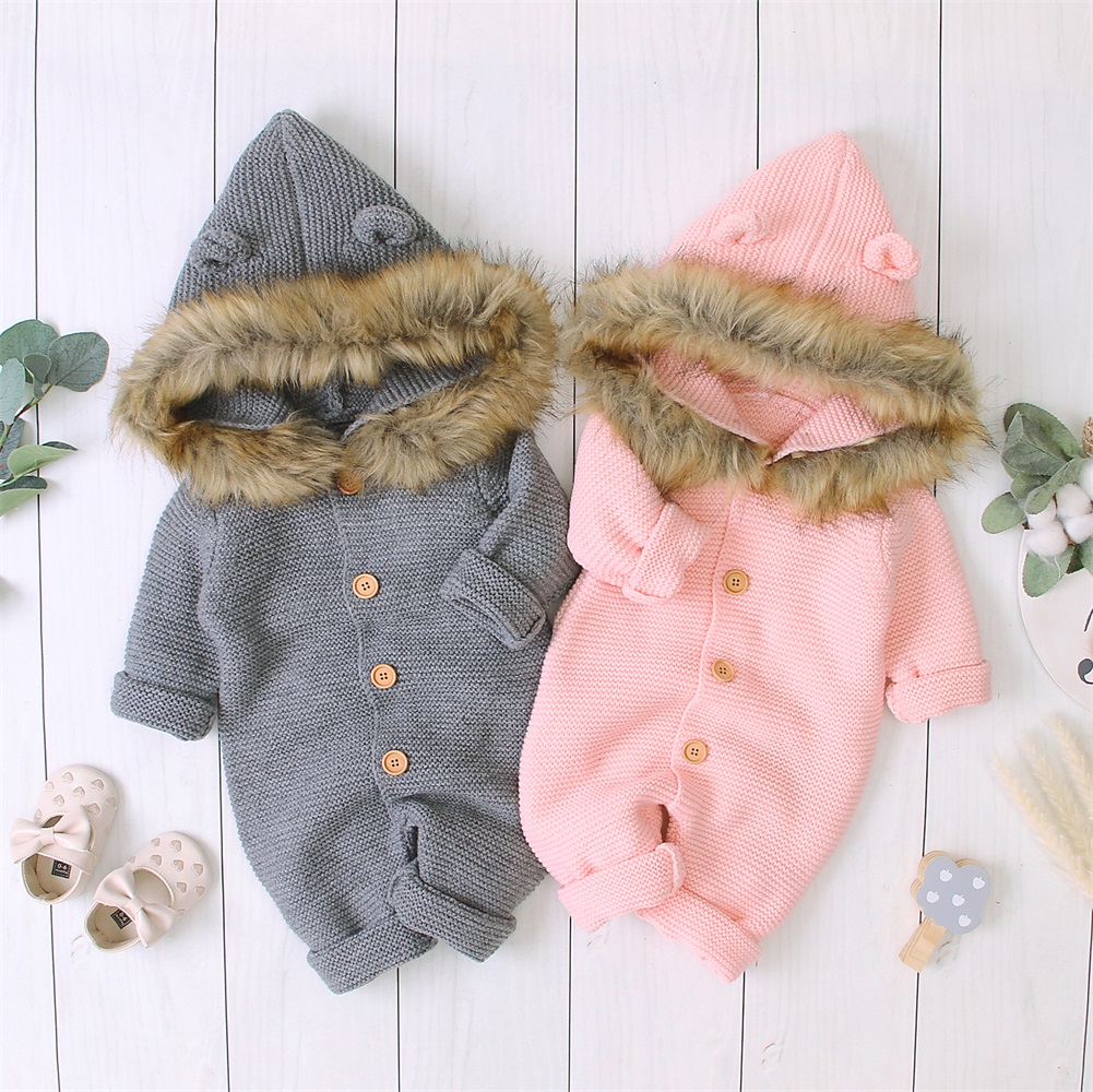 

Winter Autumn Cute Infant Babies Hooded Rompers Newborn Baby Boys Girl Button Romper Knitted Hooded Jumpsuit Coat Outfit Clothes, Gray