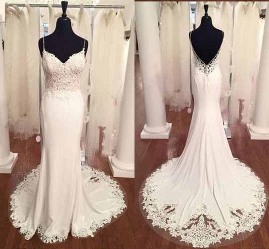 

Sexy Backless Wedding Dresses with Spaghetti Straps Applique Lace V neck Court Train Vestidos De Novia Wedding dress Bridal Gown, Champagne