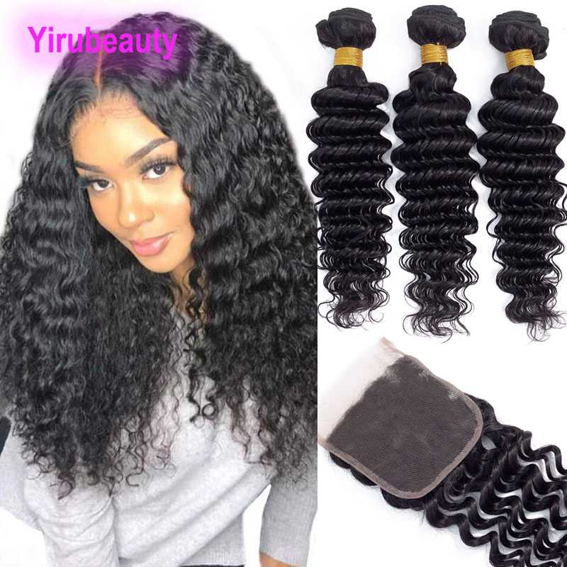 

Brazilian Deep Wave 3 Bundles With 4X4 Lace Closure Deep Curly Peruvian Malaysian Indian Virgin Human Hair 8-28inch 4pieces/lot, Middle part
