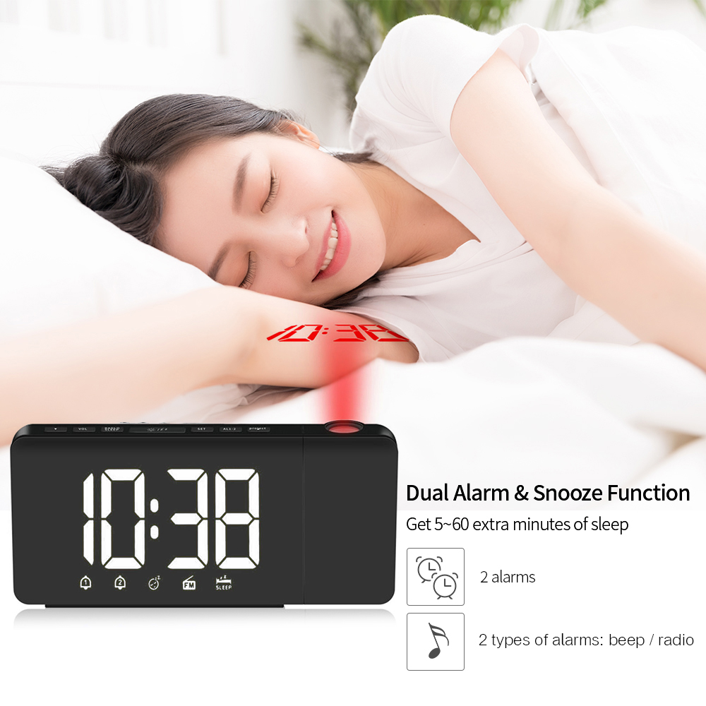 

Digatal LED Alarm Clock FM Radio Desktop Table Decor USB Projection Alarm Clock Rotatable Projector Dual Alarms Snooze Function