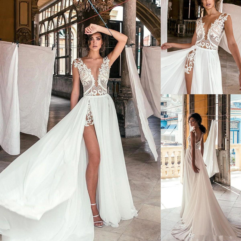 

2020 New Sexy Deep V Neck Beach Wedding Dresses Side High Slit Lace Appliqued Illusion Bodice Sweep Train Bohomian Wedding Bridal Gowns 80, Gold