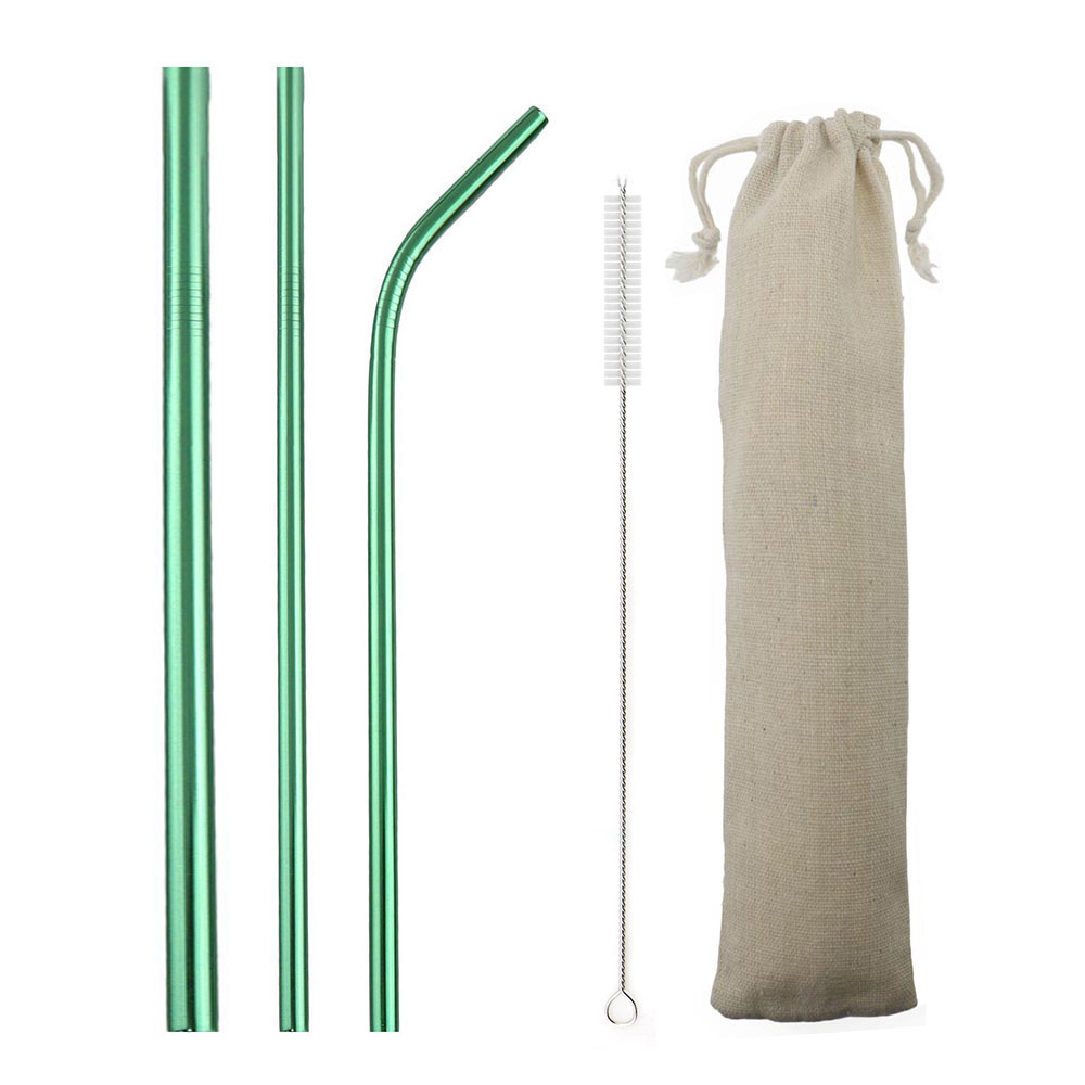 

5pcs Green Reusable 304Stainless Steel Straw Metal Drinking Straight Straws Silicone Cover with Brush Bag Dropshipping