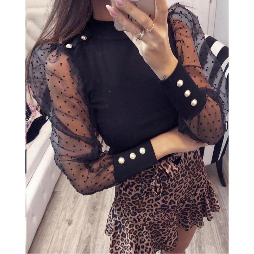 

Women Perspective Dot Mesh Lantern Sleeve blouse Casual Loose Top Fashion O-Neck solid button autumn shirt female clothes black