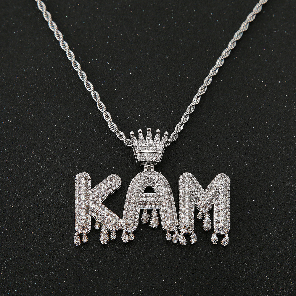 

Custom Name Crown Bail Purple Drip Letters Necklaces & Pendant For Men Women Gold Color Cubic Zircon Hip Hop Jewelry, Silver