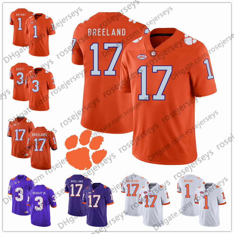 

NCAA Clemson Tigers #1 Martavis Bryant 3 Artavis Scott Vic Beasley Jr. 6 Jacoby Ford 17 Bashaud Breeland Purple White Orange Retired Jersey, White with 2018 champions patch