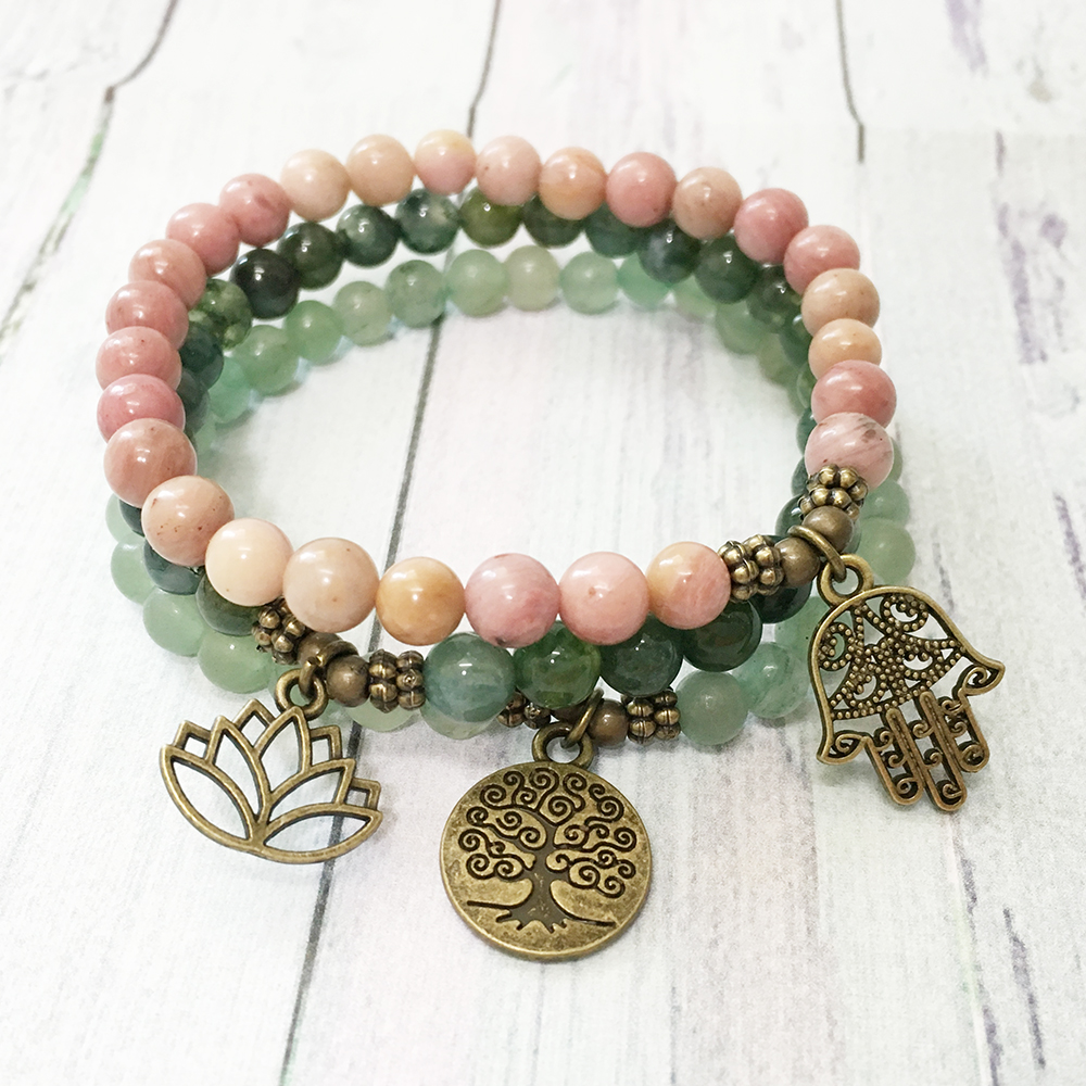 

MG0482 6 mm Rhodonite Hamsa Charm Bracelet High Grade 6 mm Moss Agates Energy Bracelet Natural Green Aventurine Women`s Jewelry