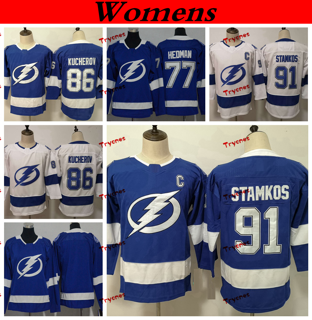 

Womens Tampa Bay Lightning 2019 77 Victor Hedman 86 Nikita Kucherov 91 Steven Stamkos Hockey Jerseys Cheap Kids Ladies Girls Stitched Shirts, White 91