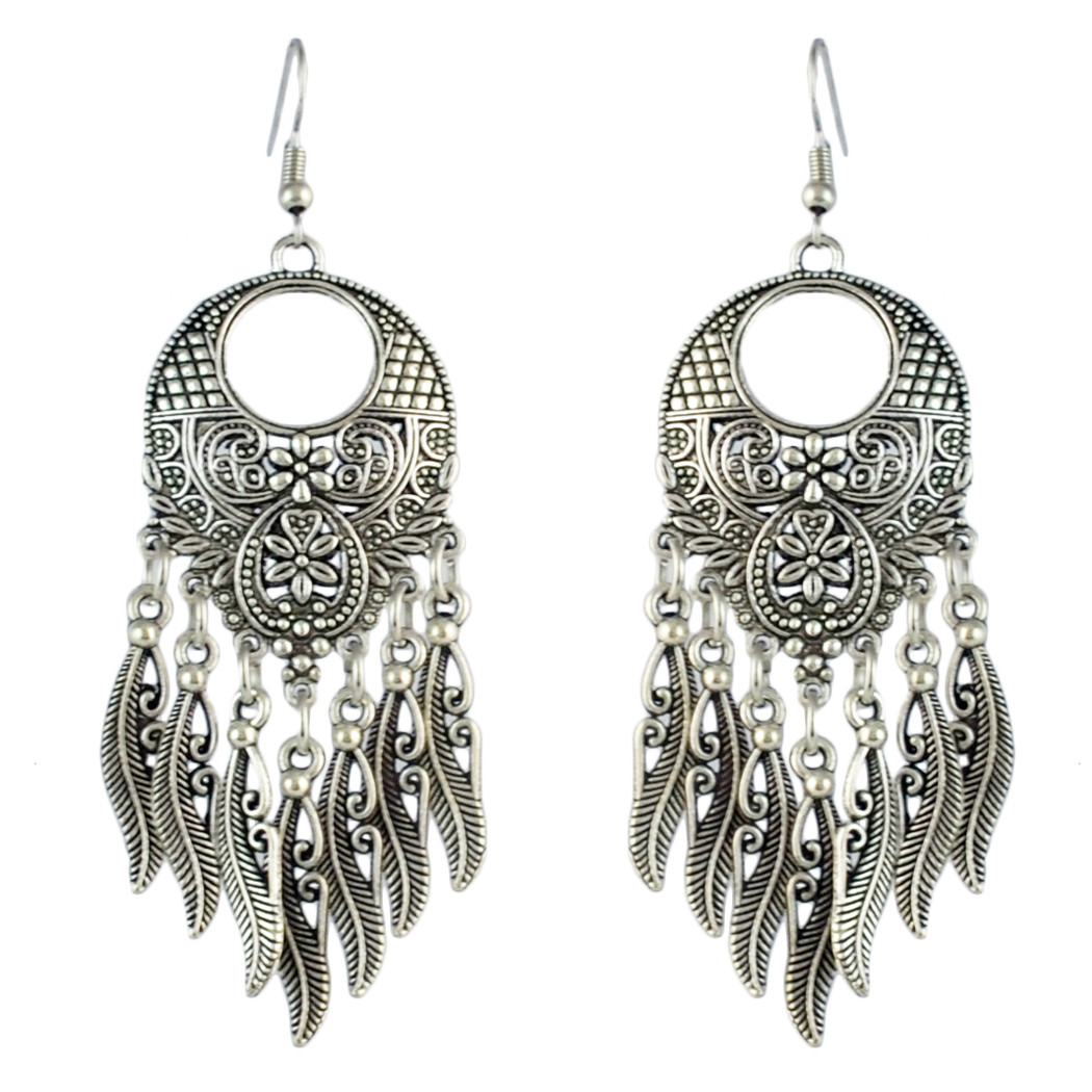 

New Bohemian Fashion Retro Silver Alloy Carving Flower Leaf Tassel Drop Dangle Earrings Wedding Party Jewelry