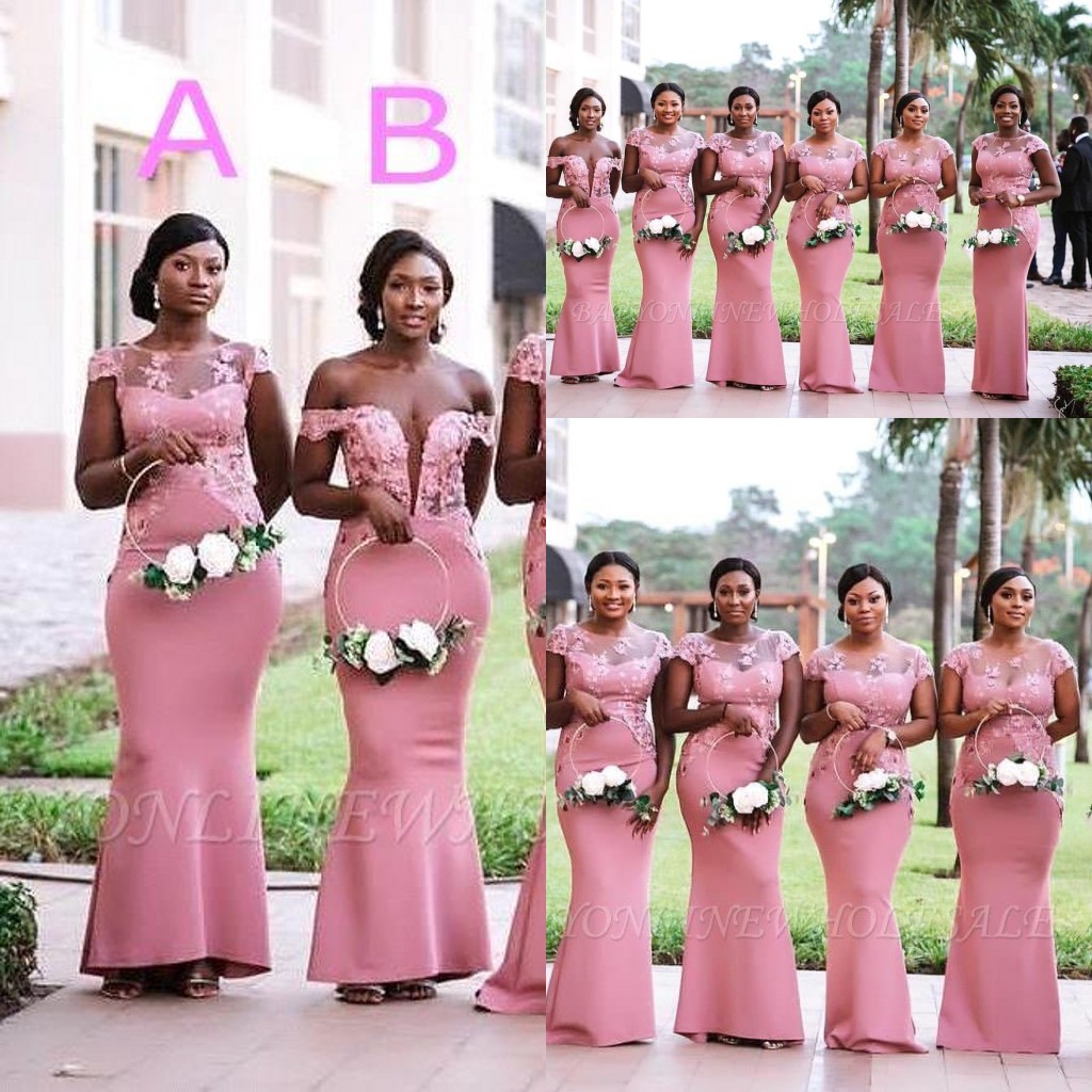 

South African Nigerian Girls Pink Mermaid Bridesmaids Dresses 2019 Plus Size Sheer Neck Appliques Floor Length Maid of Honor Gowns BM0614