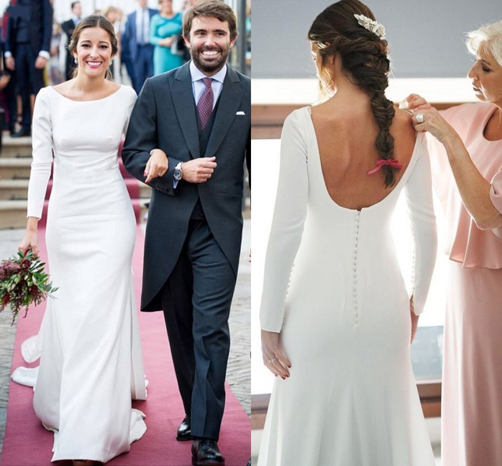 

White Sheath Wedding Dresses Long Sleeve Simple Satin Wedding Gowns Scoop Neck Backless Brides Dress robes de mariee Custom Made AL3717, Champagne