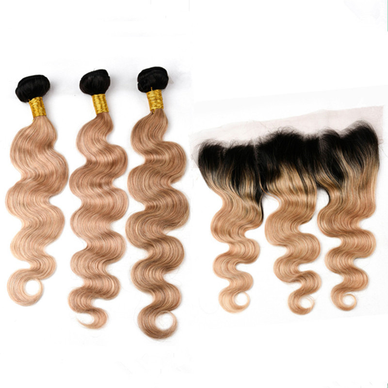 

Malaysian Honey Blonde Ombre Human Hair Wefts with Frontal Body Wave 1B/27 Light Brown Ombre Hair Bundles with 13x4 Full Lace Frontal, #1b/27