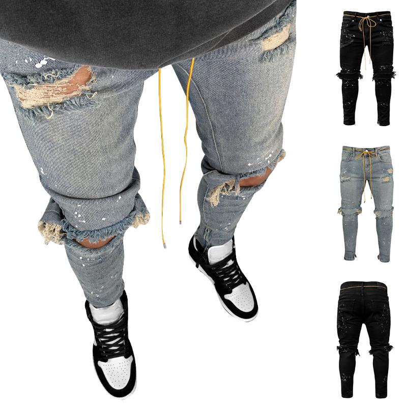 

Hip Hop Ripped Jeans 2020 New Men Distressed Hole Pencil Jeans Pants Slim Fit Denim Trouser Casual Pantalon Hombre Sashes, Light blue