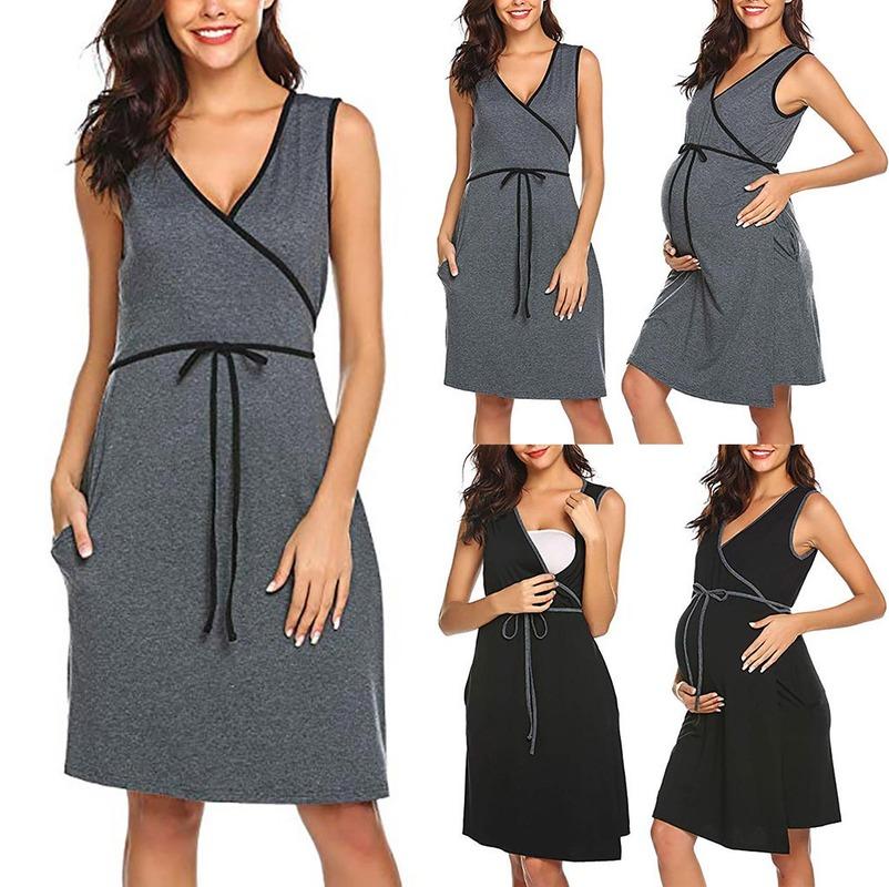 

Leisure Maternity Sleeveless Nursing Dress Breast-feeding Pajamas Robe Pregnant Dress Knee-Length, Gray