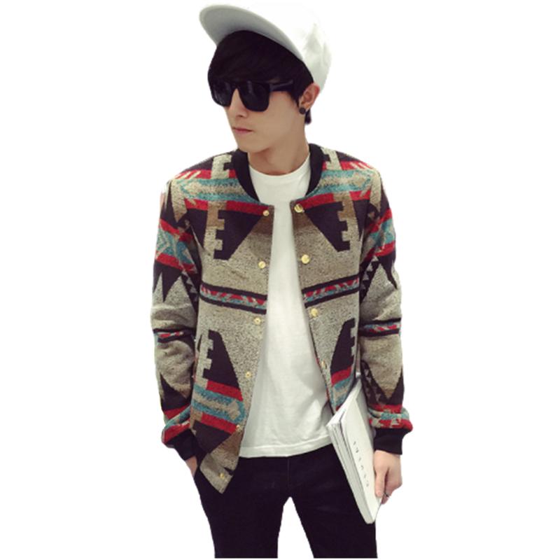 

Autumn and Winter woolen jacket men's large size geometric pattern coat slim baseball stand collar casual jacket coat, 001