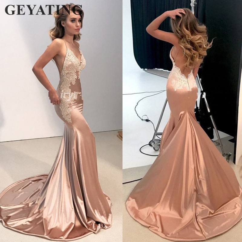 

Sexy V-Neck Open Back Mermaid Prom Dresses Long 2019 Elegant Women Rose Gold Champagne Satin Formal Evening Dress with Straps, Purple