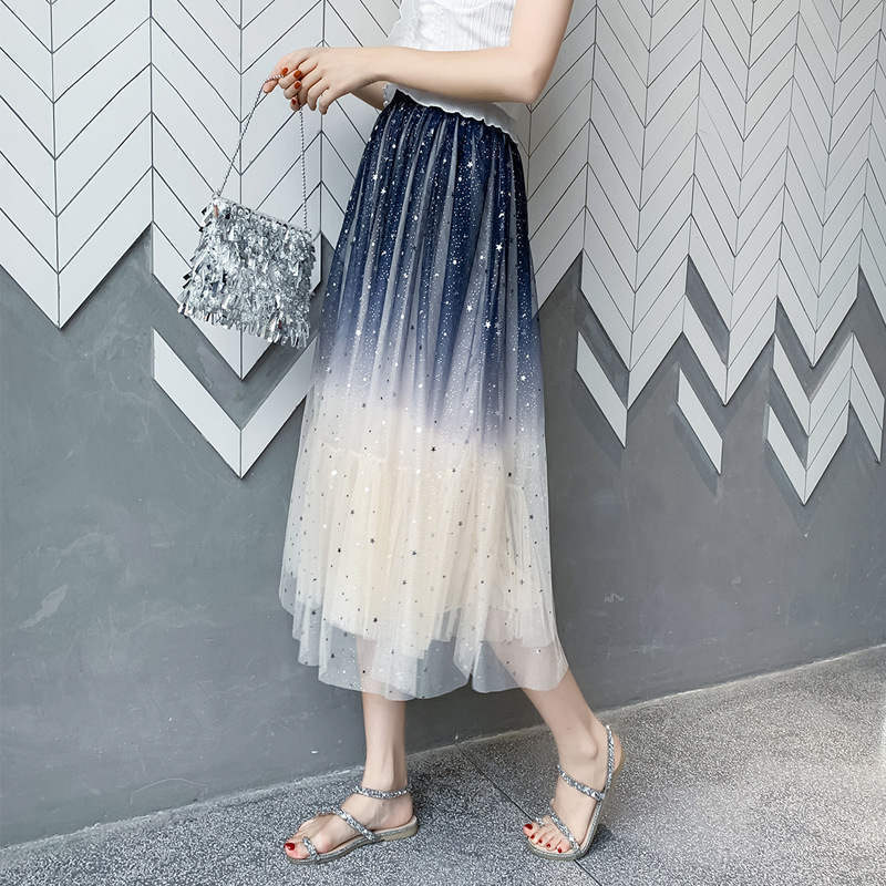 

Starry Sequin Mesh Tulle Skirts Womens Jupe Femme Fashion Elegant Long High Waist Skirt Faldas Summer Tutu Pleated Skirt C6054, Pink blue skirts