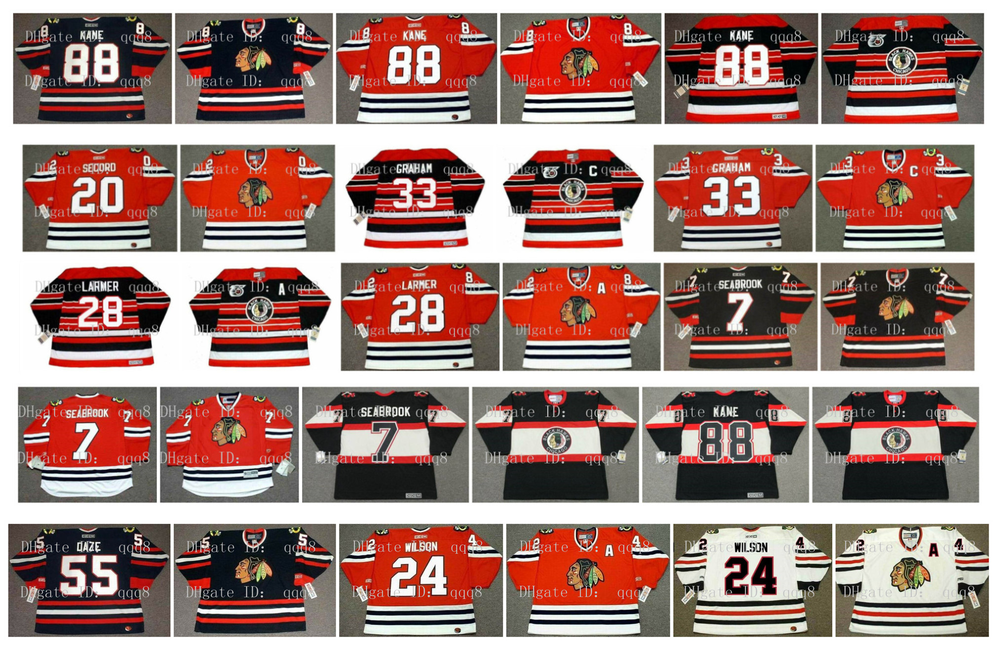 

Vintage Chicago Blackhawks Jersey 20 AL SECORD 33 DIRK GRAHAM 28 STEVE LARMER 7 BRENT SEABROOK 88 PATRICK KANE 55 ERIC DAZE 24 WILSON Hockey, As pic