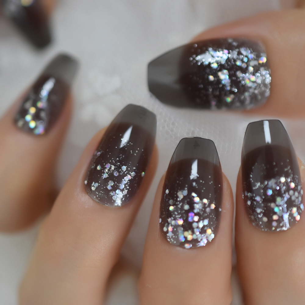 

Clear Jelly Coffin Nails Transparent Grey Glitter Powder Pre-designed False Nails Medium Size Manicure Tips, L5137