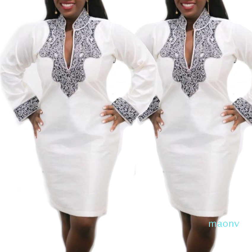 

Plus Size Women Sexy Dashiki Dress Ladies Summer Print Vestidos African Dress For Women Traditional Clothing Bazin Riche Dress, White