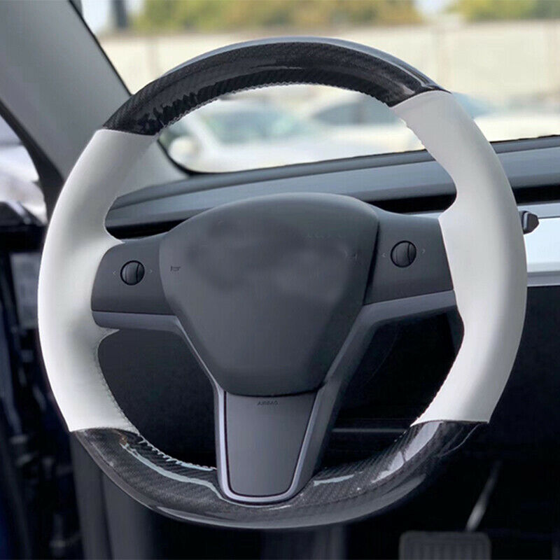 Couverture de volant de voiture bricolage en cuir blanc en fibre de carbone couture à la main pour Tesla modèle 3 2017-2020