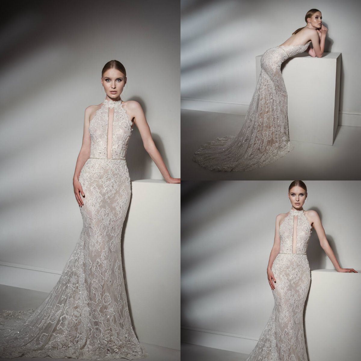 

Halter Mermaid Wedding Dresses 2019 Lace Appliques Sequins Sweep Train Beach Wedding Dress Custom Made Plus Size Backless robes de mariée, Beige