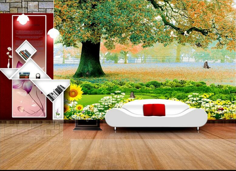 

Custom wall stickes photo Fresh and beautiful hand painted big tree tv background wall pictures home decor murals wallpaper for walls 3 d, Non-woven wallpaper